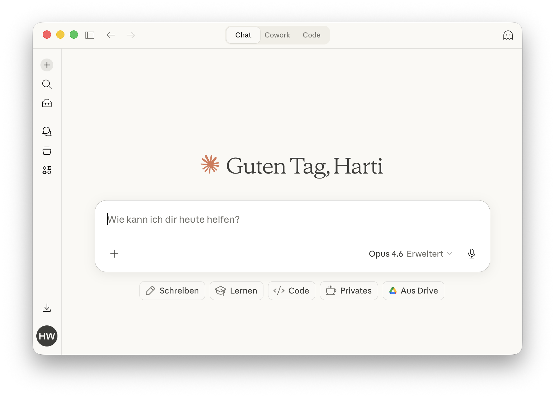 Claude Desktop App mit den drei Tabs Chat, Cowork und Code