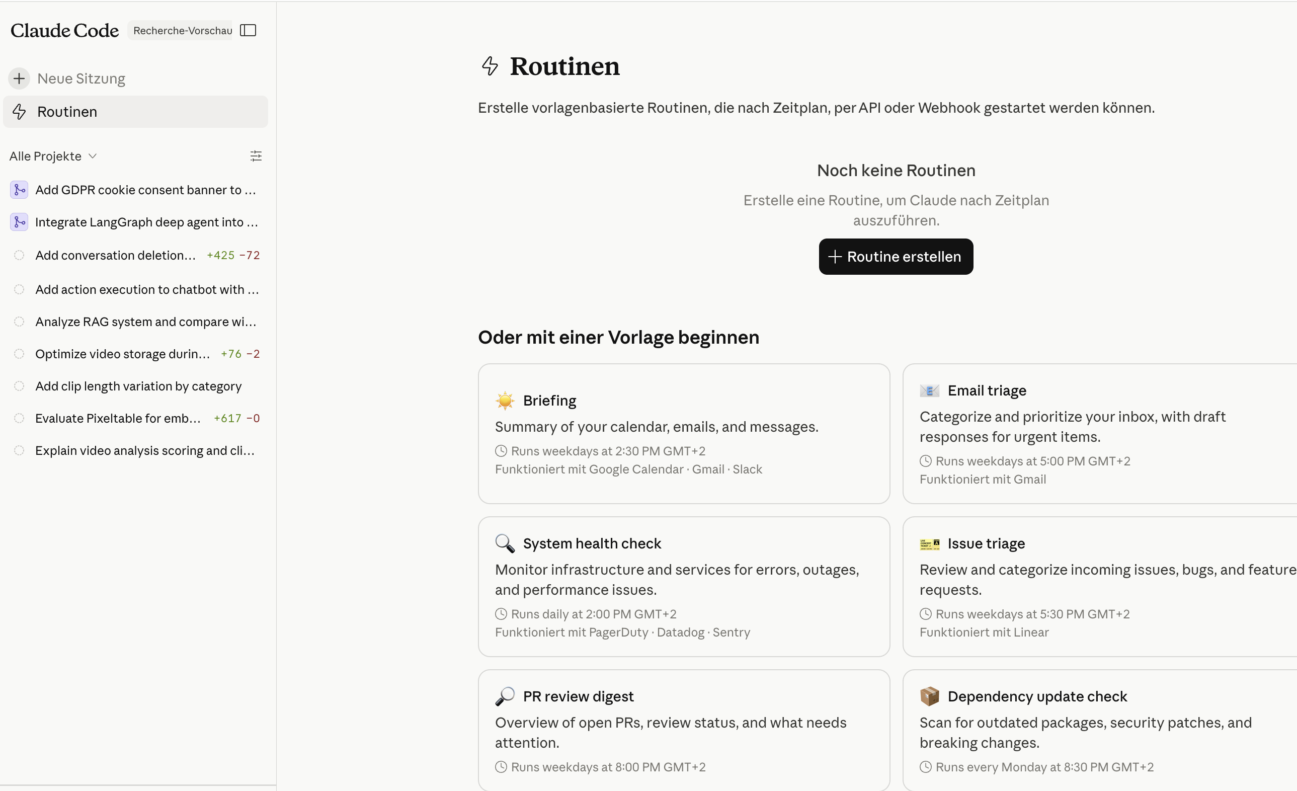 Claude Code Routinen mit acht Vorlagen für Briefing, Email triage, System health check, Issue triage, PR review digest, Dependency update check, Release notes drafter und Flaky test tracker