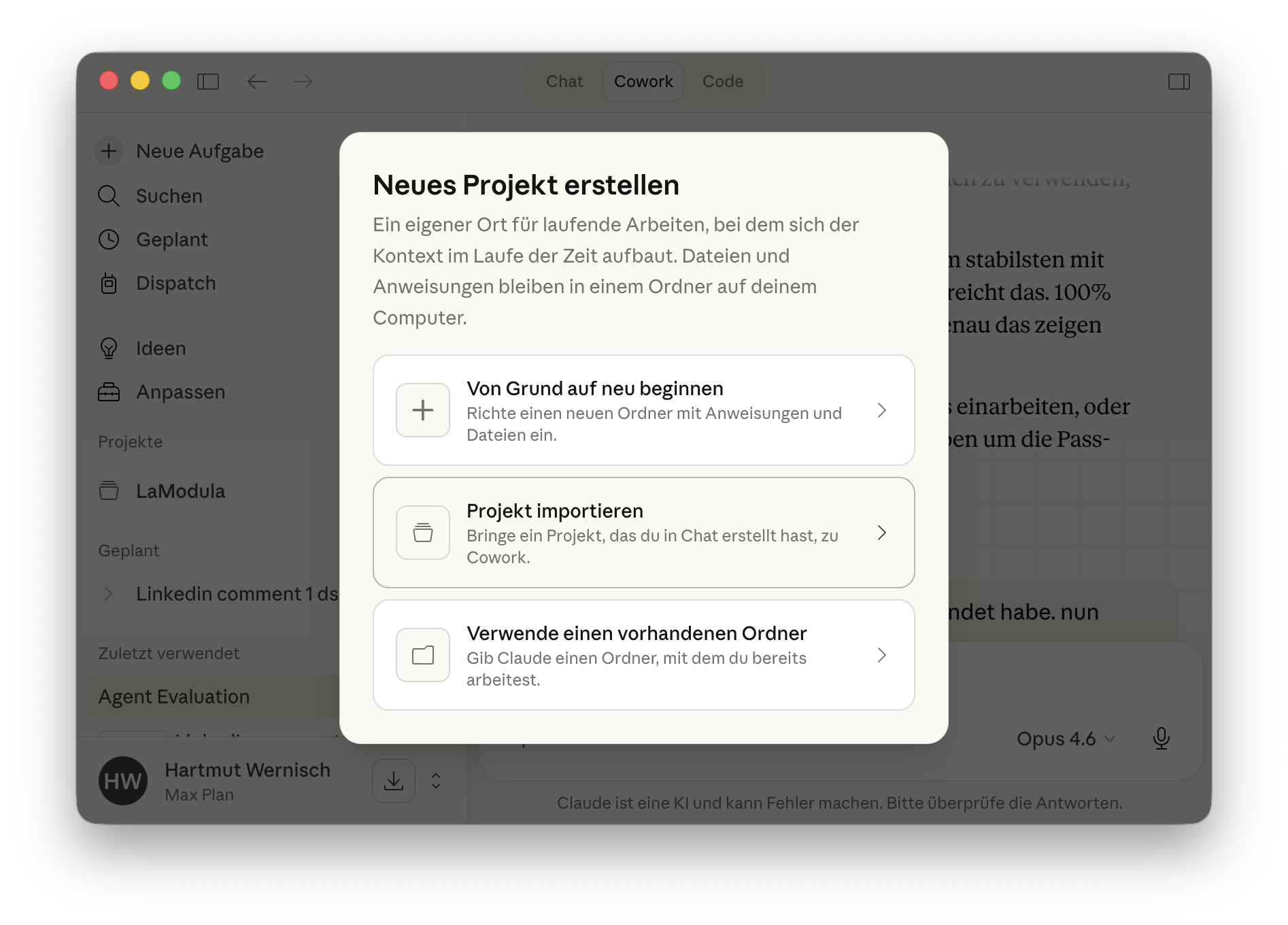 Neues Cowork Projekt erstellen mit drei Optionen