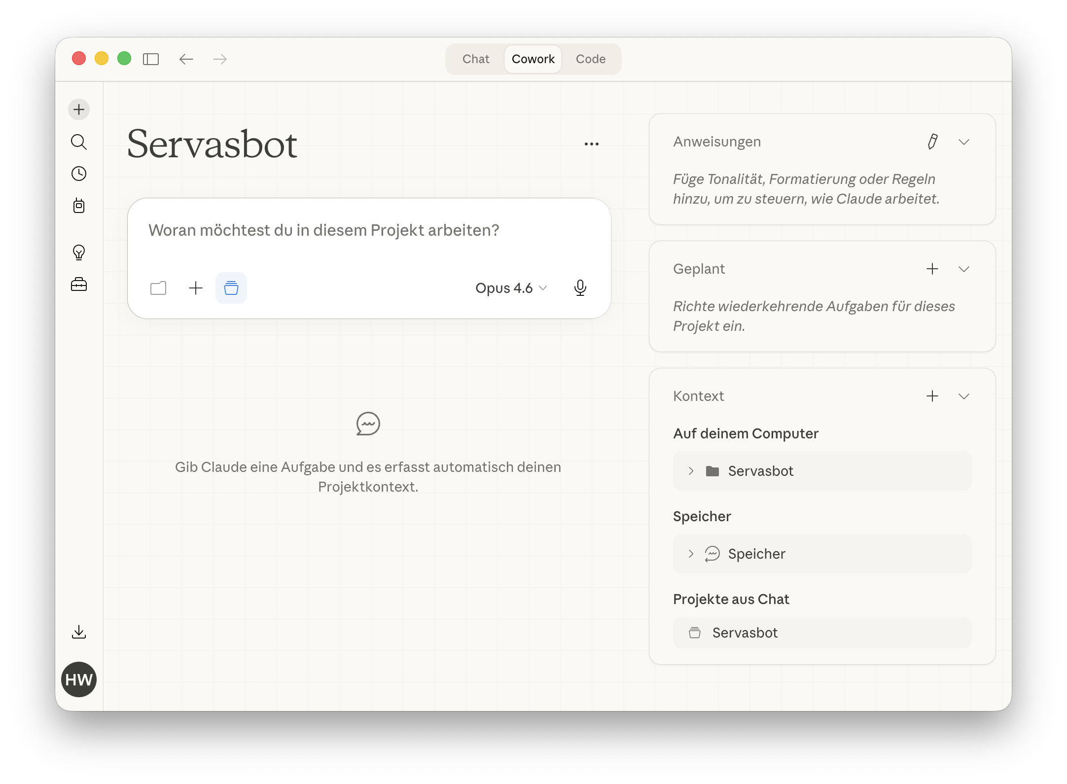 Cowork Project Seitenleiste mit Anweisungen, Geplant, Kontext und Speicher