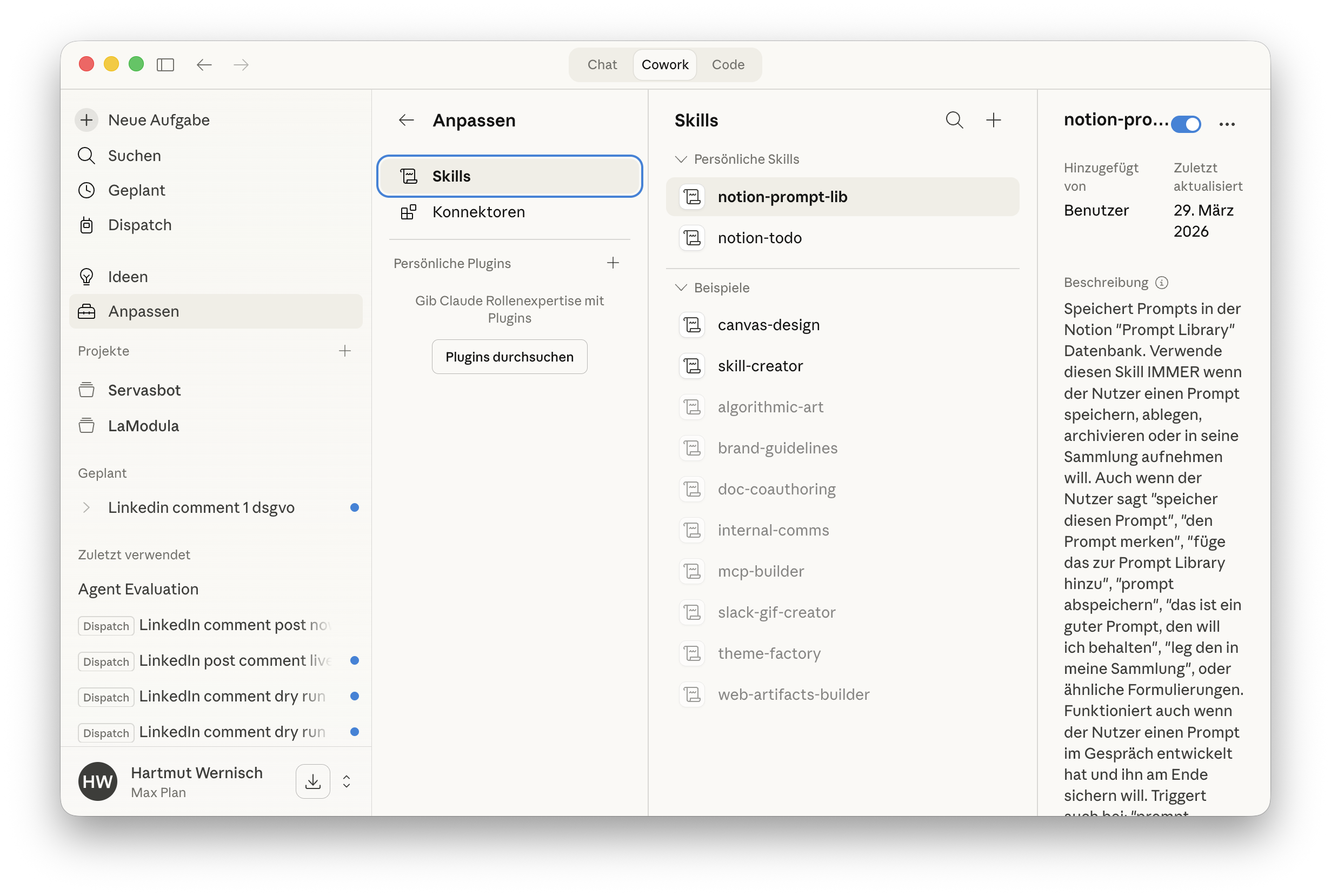 Anpassen-Bereich mit Skills und Konnektoren