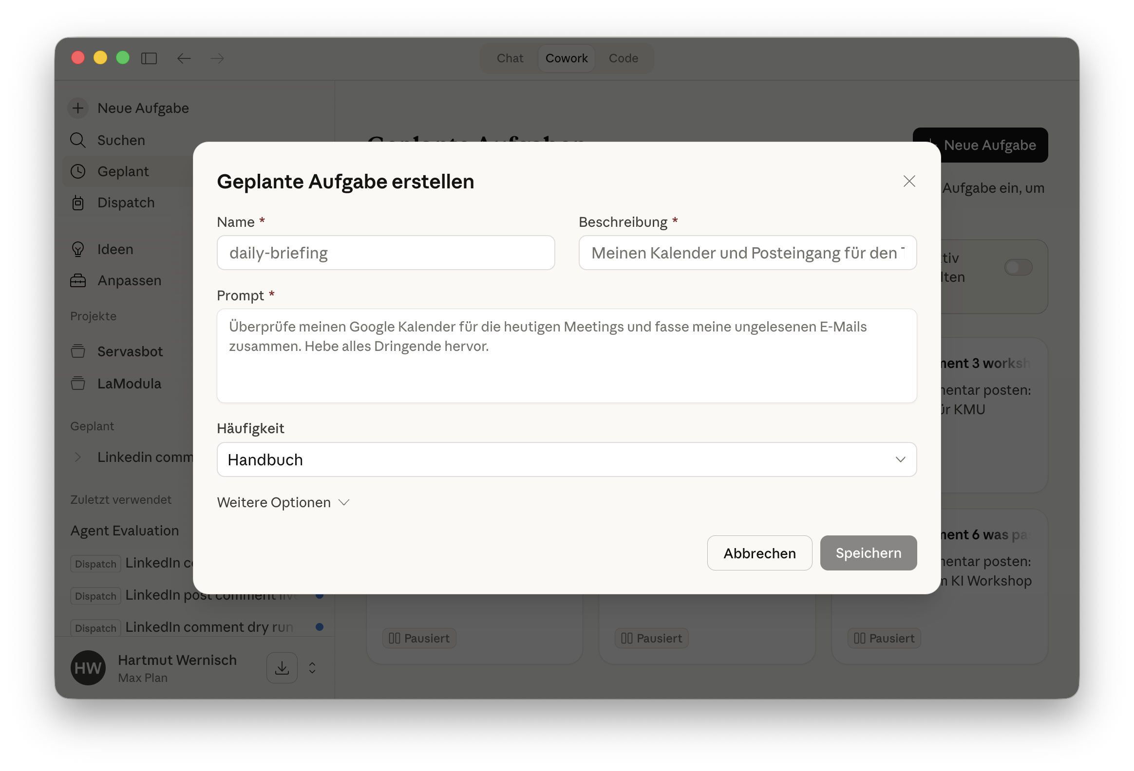 Geplante Aufgabe erstellen mit Name, Prompt und Häufigkeit
