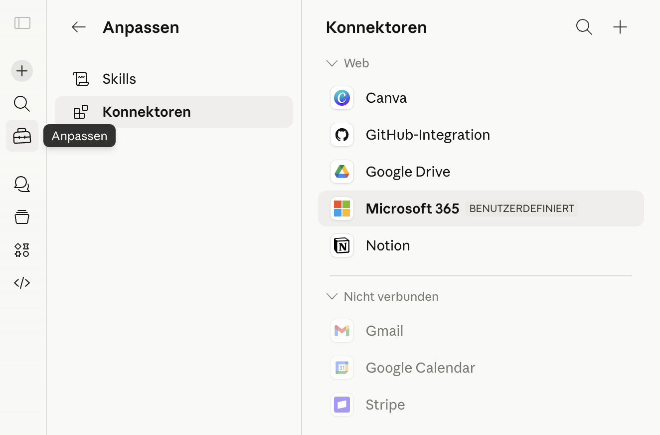 Claude Konnektoren-Übersicht mit Canva, GitHub-Integration, Google Drive, Microsoft 365, Notion als verbundenen Diensten und Gmail, Google Calendar, Stripe als noch nicht verbundenen Diensten