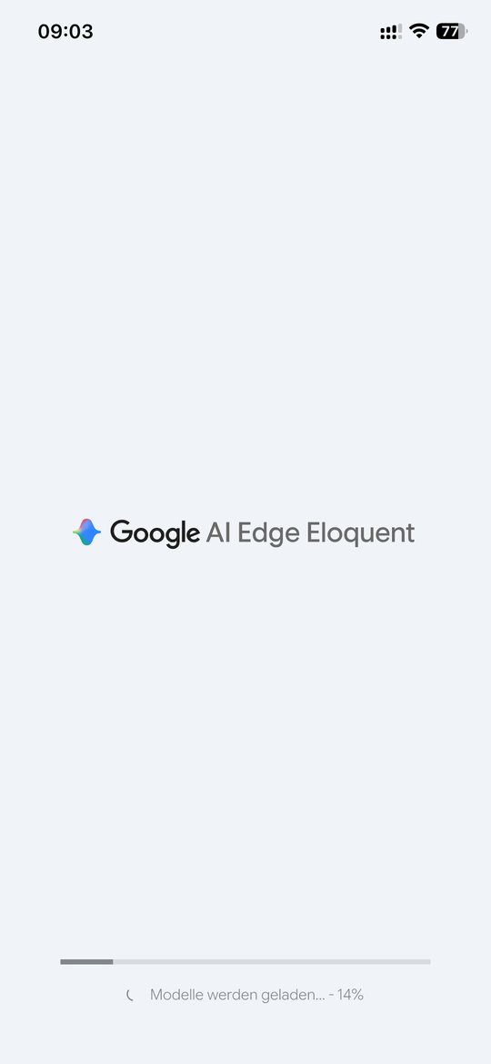 Startbildschirm von Google AI Edge Eloquent mit Fortschrittsbalken, Modelle werden geladen, 14 Prozent.