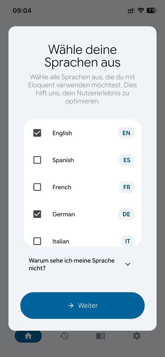 Auswahlliste, Wähle deine Sprachen aus, mit angehaktem English und German neben Spanish, French und Italian.
