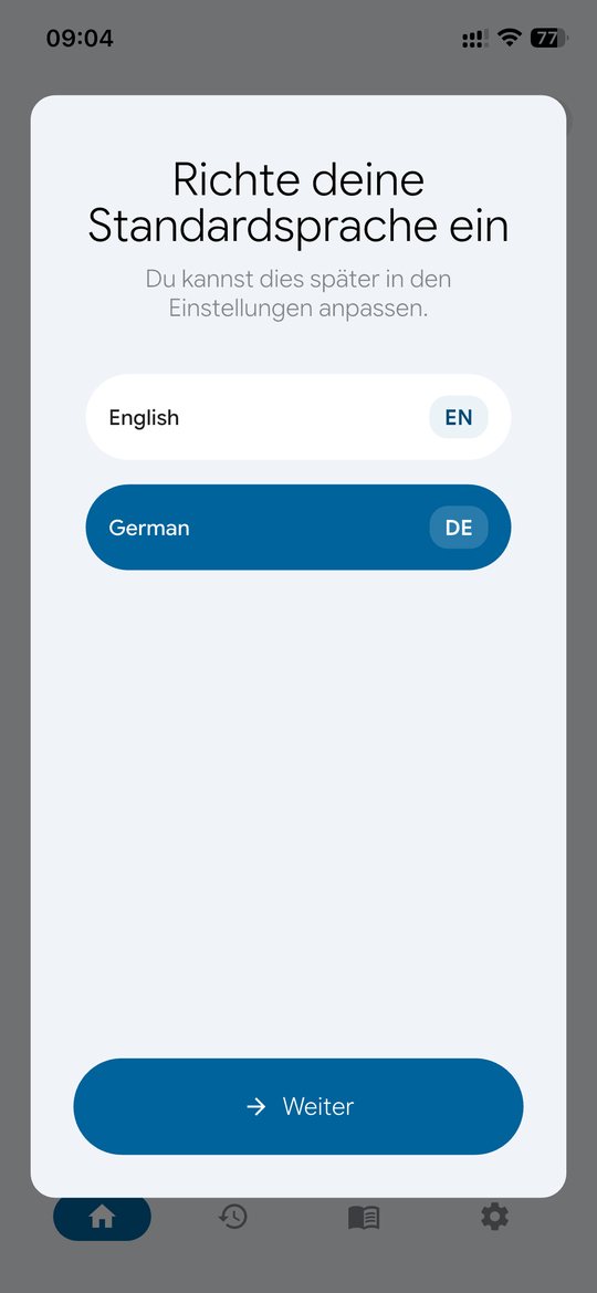 Richte deine Standardsprache ein, German ist als Standard markiert, English steht darüber.