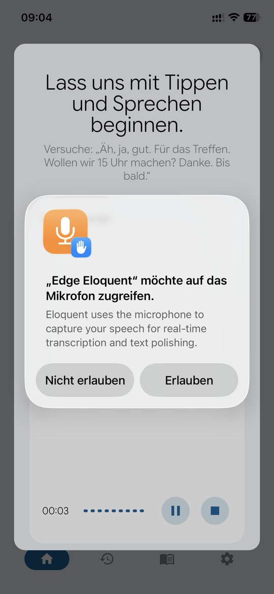 iOS-Systemdialog, Edge Eloquent möchte auf das Mikrofon zugreifen, mit den Schaltflächen Nicht erlauben und Erlauben.