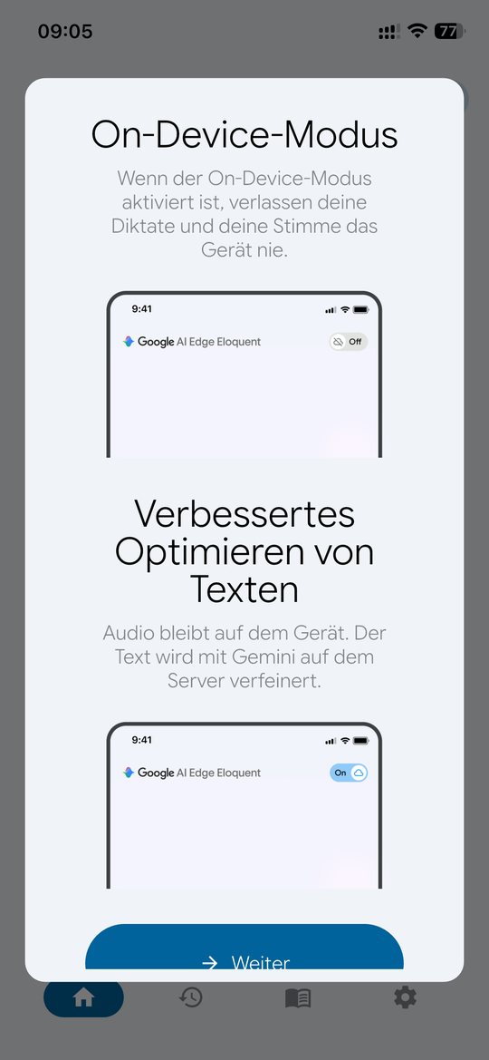 Erklärseite zum On-Device-Modus: Ist er aktiv, verlassen Diktate und Stimme das Gerät nie. Darunter der Cloud-Modus, bei dem das Audio am Gerät bleibt und nur der Text mit Gemini auf dem Server verfeinert wird.
