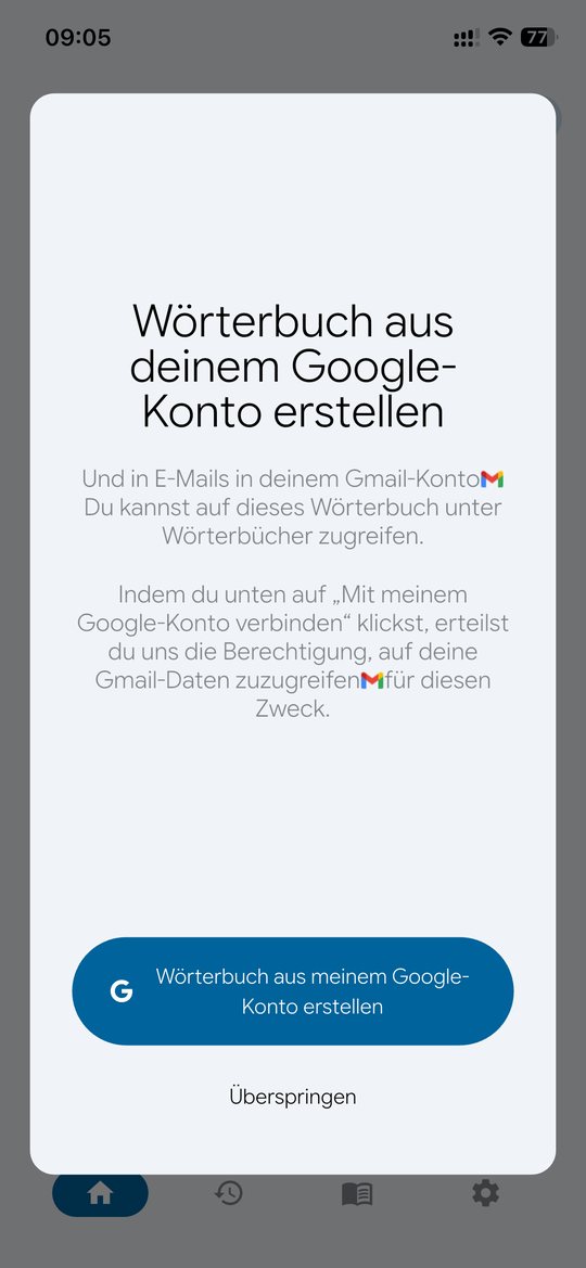 Angebot, ein Wörterbuch aus dem Google-Konto und den Gmail-Mails zu erstellen, mit der Alternative Überspringen.