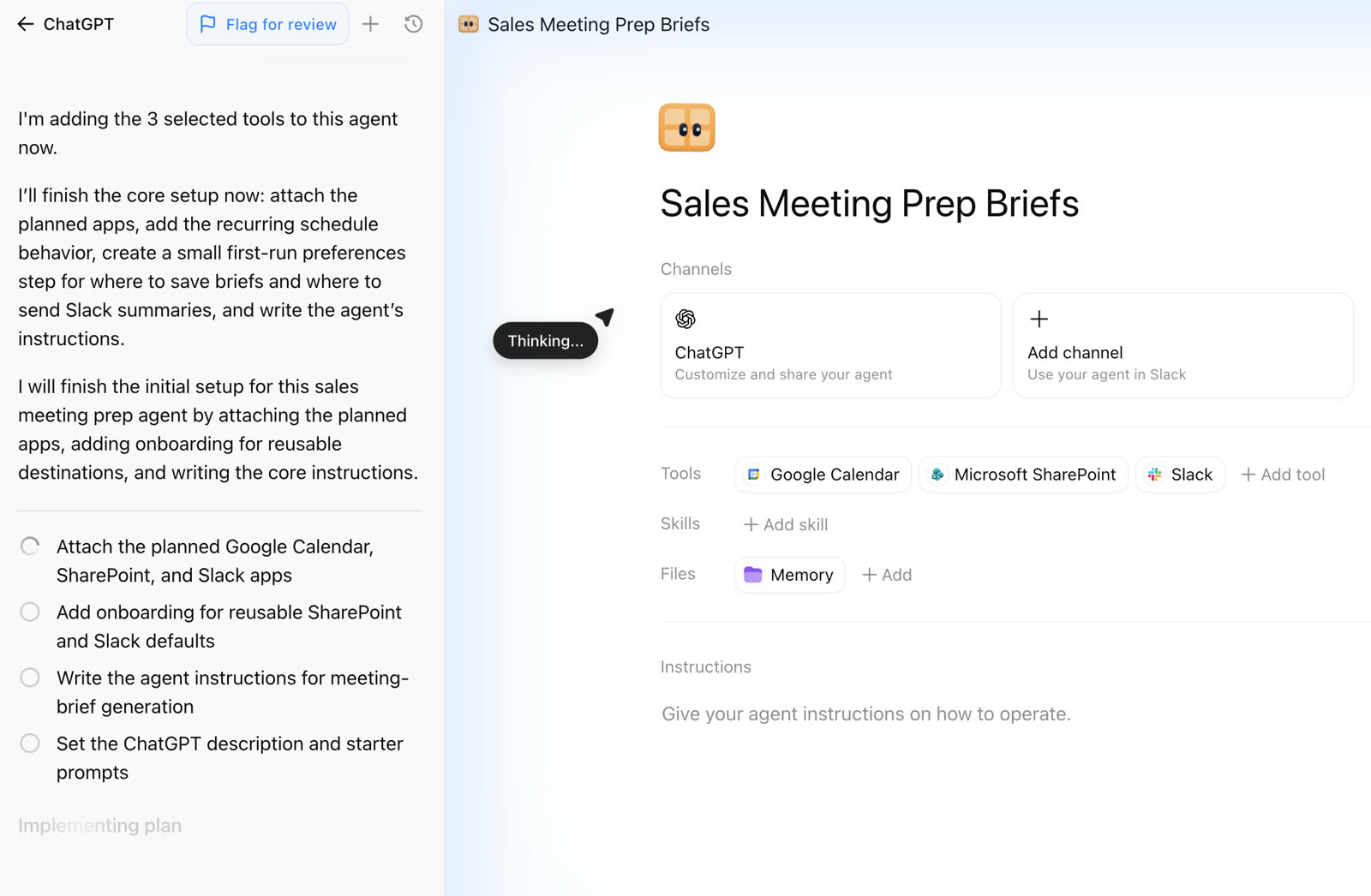 ChatGPT Workspace Agent Builder für einen Sales Meeting Prep Agent mit Channels ChatGPT und Slack, Tools Google Calendar, Microsoft SharePoint und Slack, Skills, Files und Instructions-Feld