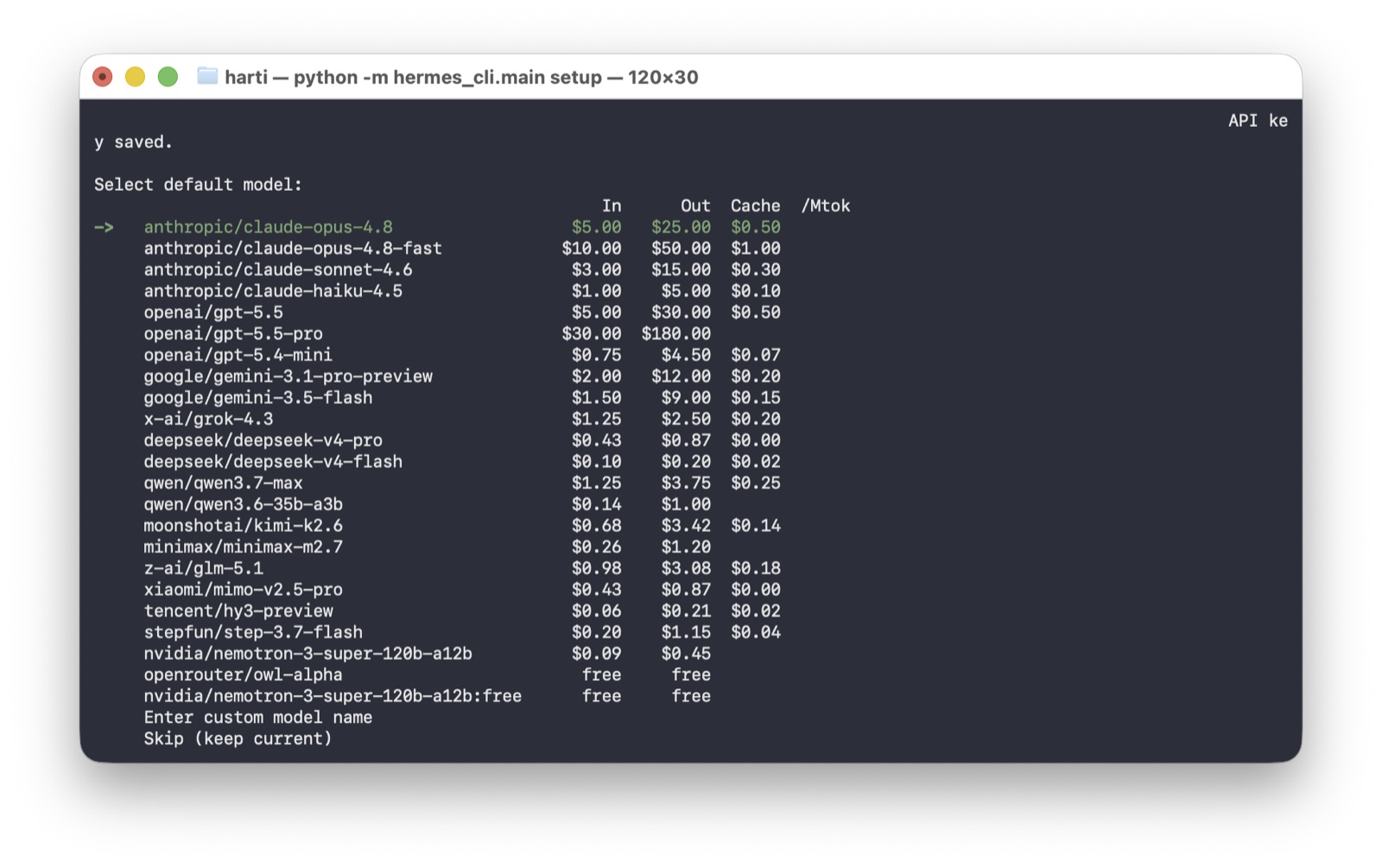 Hermes-Setup, Auswahl des Standardmodells mit Preisen pro Million Token.
