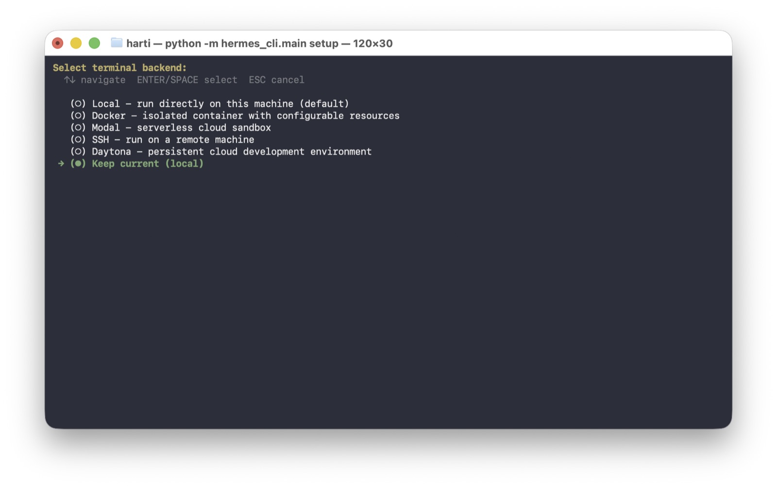 Hermes-Setup, Auswahl des Terminal-Backends zwischen Local, Docker, Modal, SSH und Daytona.
