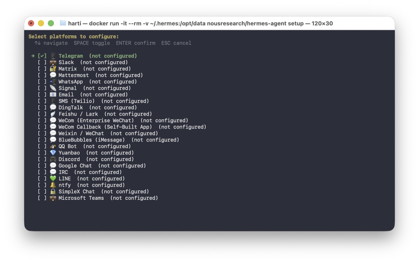 Wizard-Schritt "Select platforms to configure" mit angehaktem Telegram.