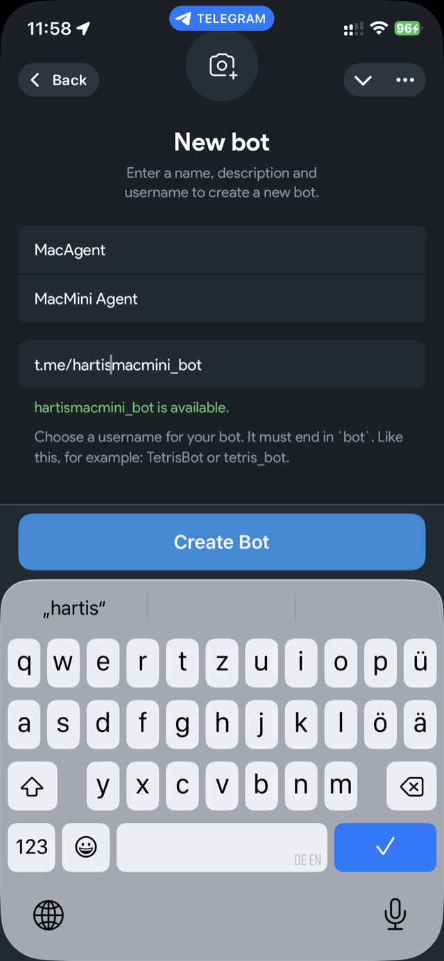 Neuen Bot anlegen, Name und Username