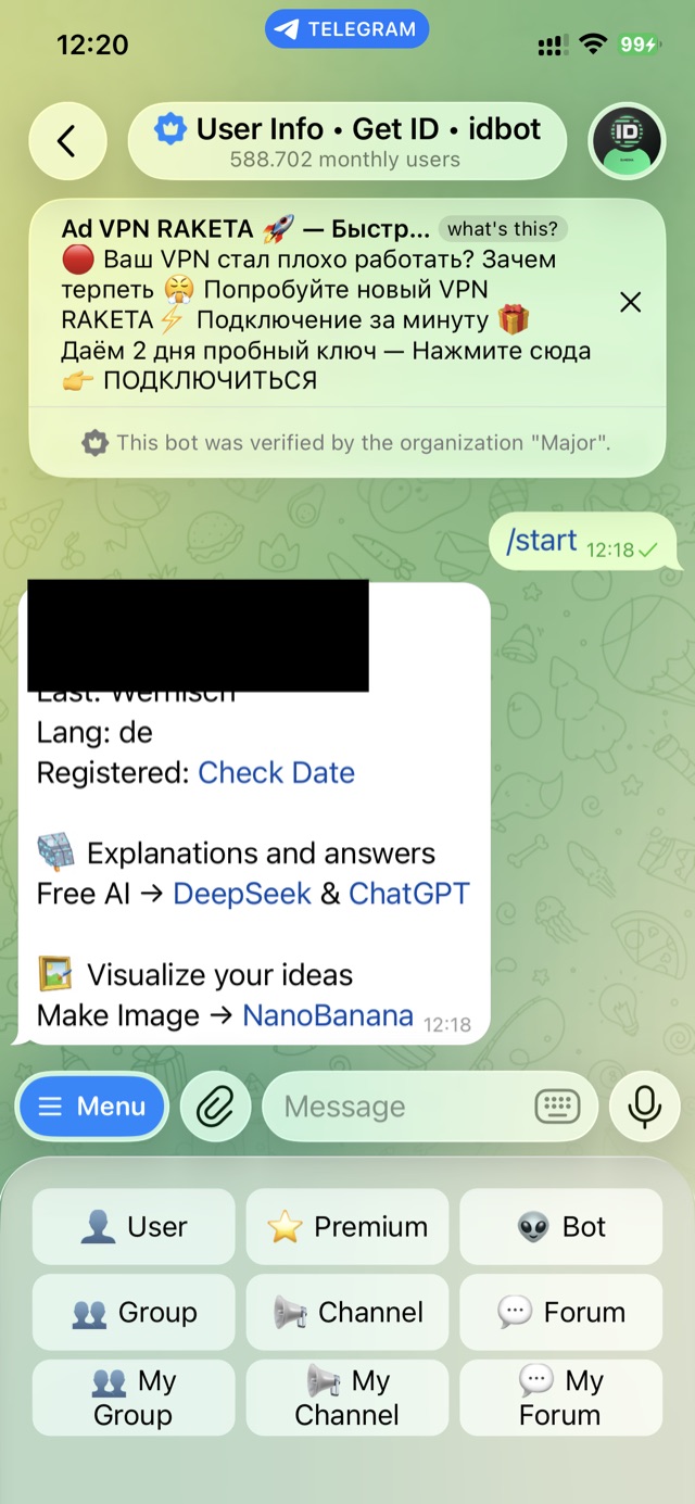 userinfobot antwortet mit der numerischen User-ID, hier geschwärzt