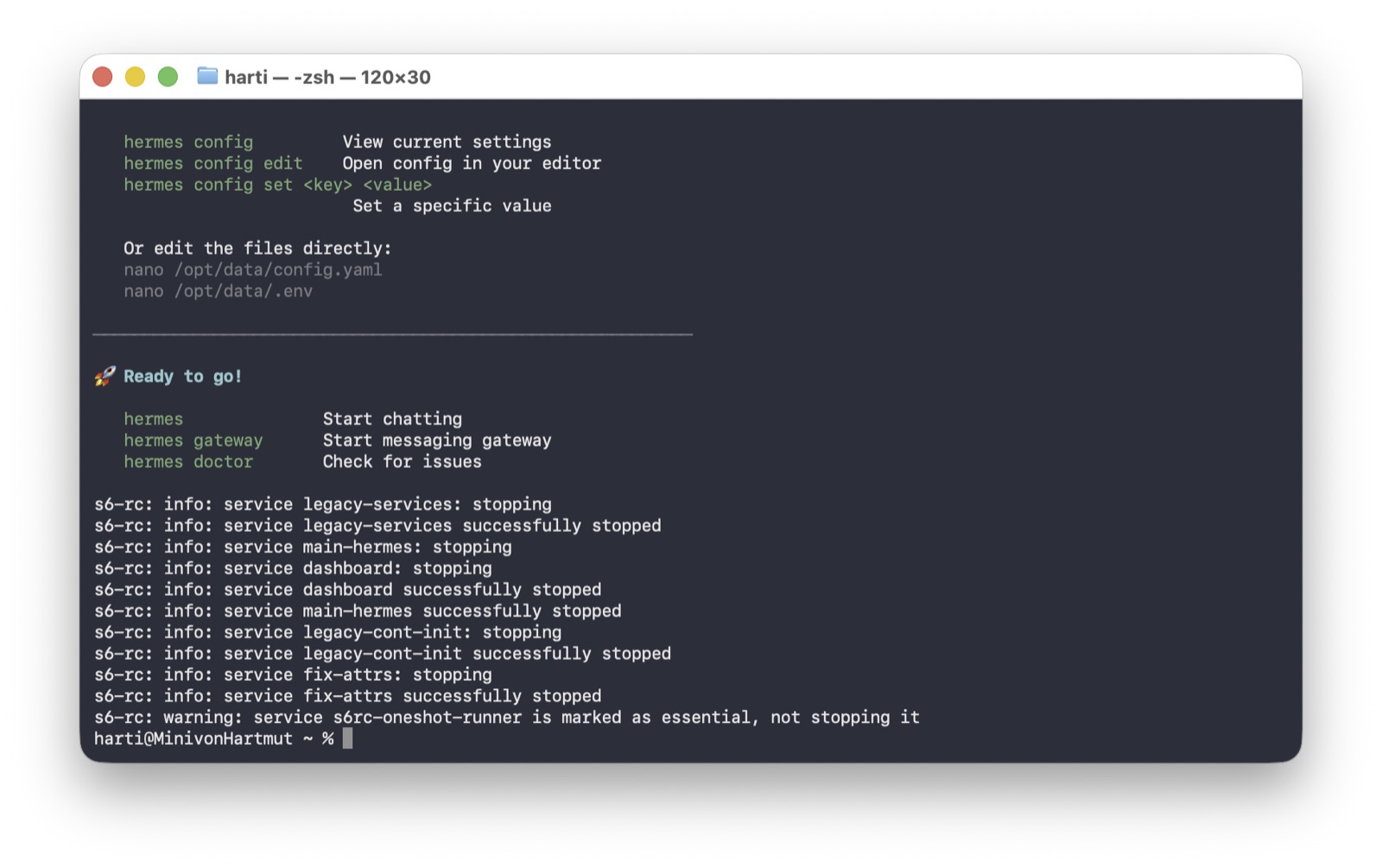 Ende des Setup-Wizards: "Ready to go!" mit den Befehlen hermes, hermes gateway und hermes doctor.