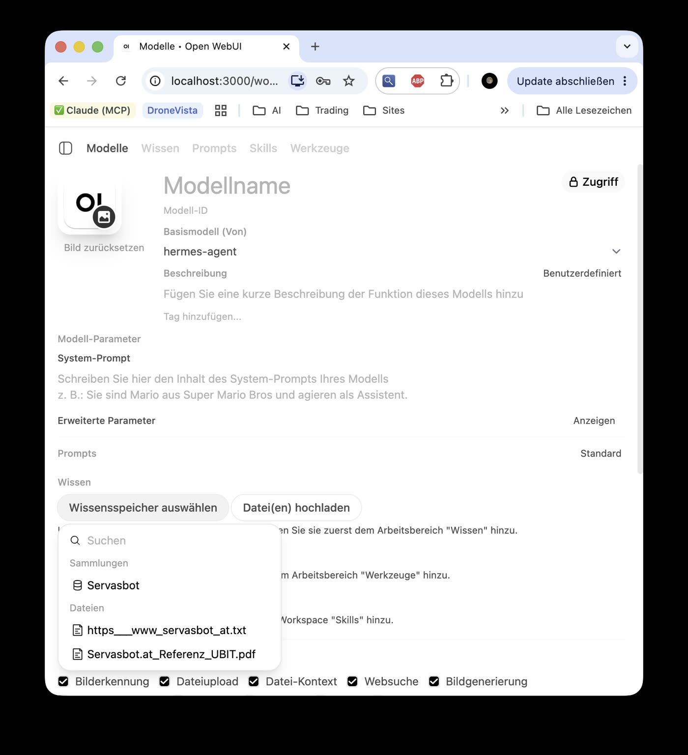 Wissensspeicher auswählen, die Sammlung Servasbot wird dem Modell zugewiesen