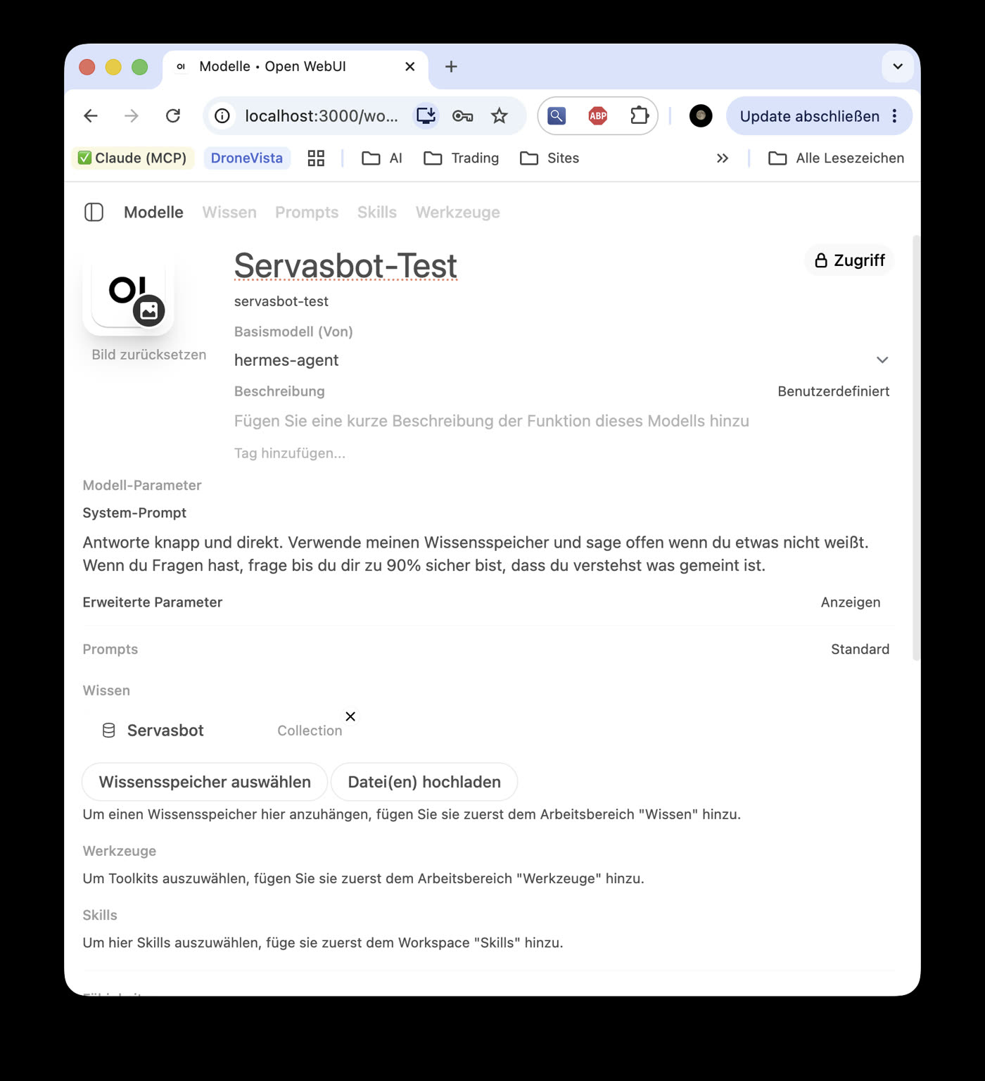 Das fertige Modell ServasBot-Test mit Basismodell hermes-agent, System-Prompt und zugewiesener Wissensbasis