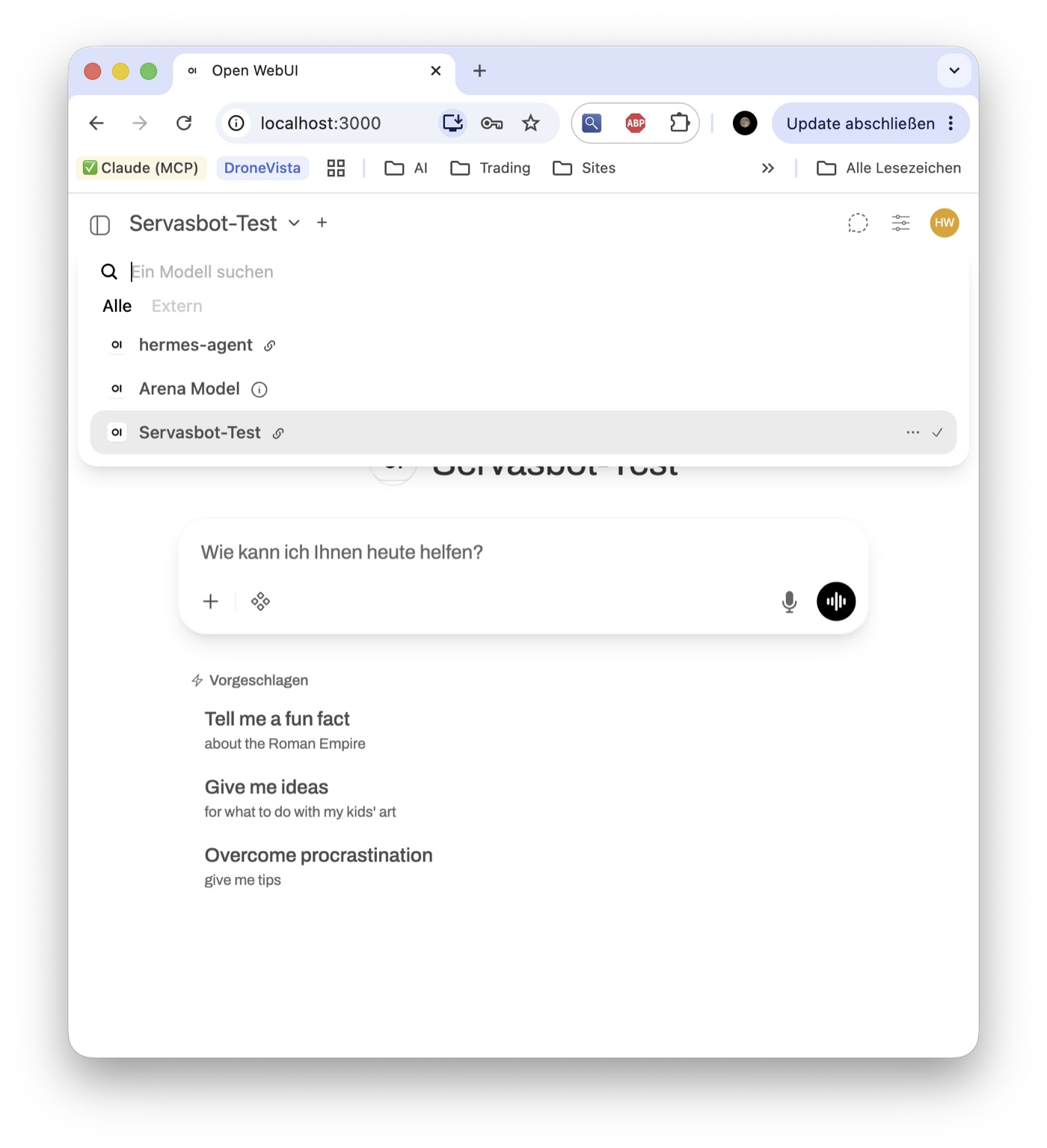 Open WebUI, Modell-Dropdown mit hermes-agent, Arena Model und dem ausgewählten eigenen Modell Servasbot-Test.