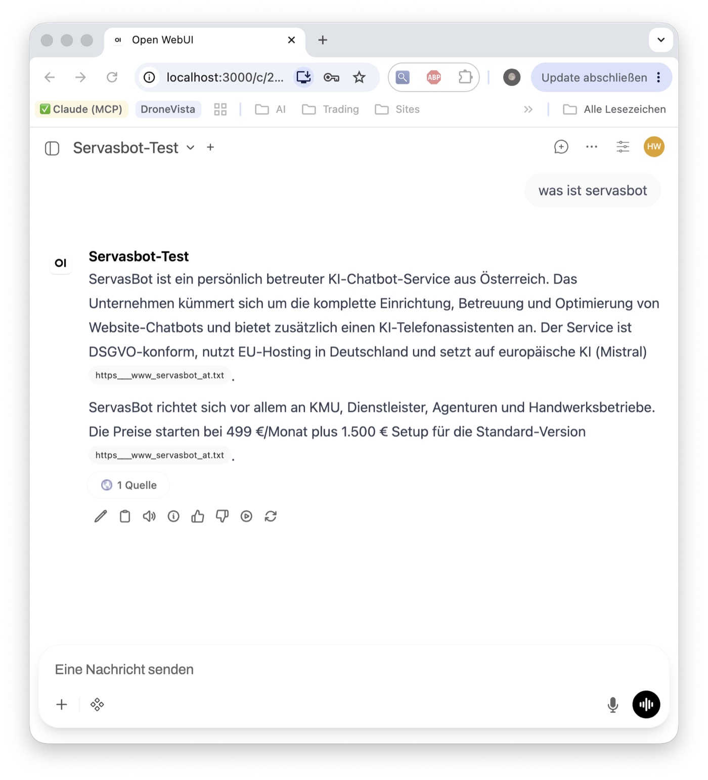 Der Agent Servasbot-Test beantwortet die Frage „was ist servasbot" aus der hinterlegten Wissensbasis und zeigt darunter die Quelle an, hier die Seite servasbot.at.