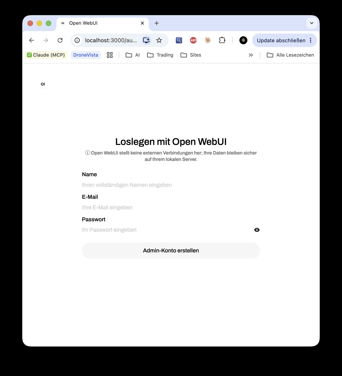 Open WebUI, Admin-Konto anlegen mit Name, E-Mail und Passwort
