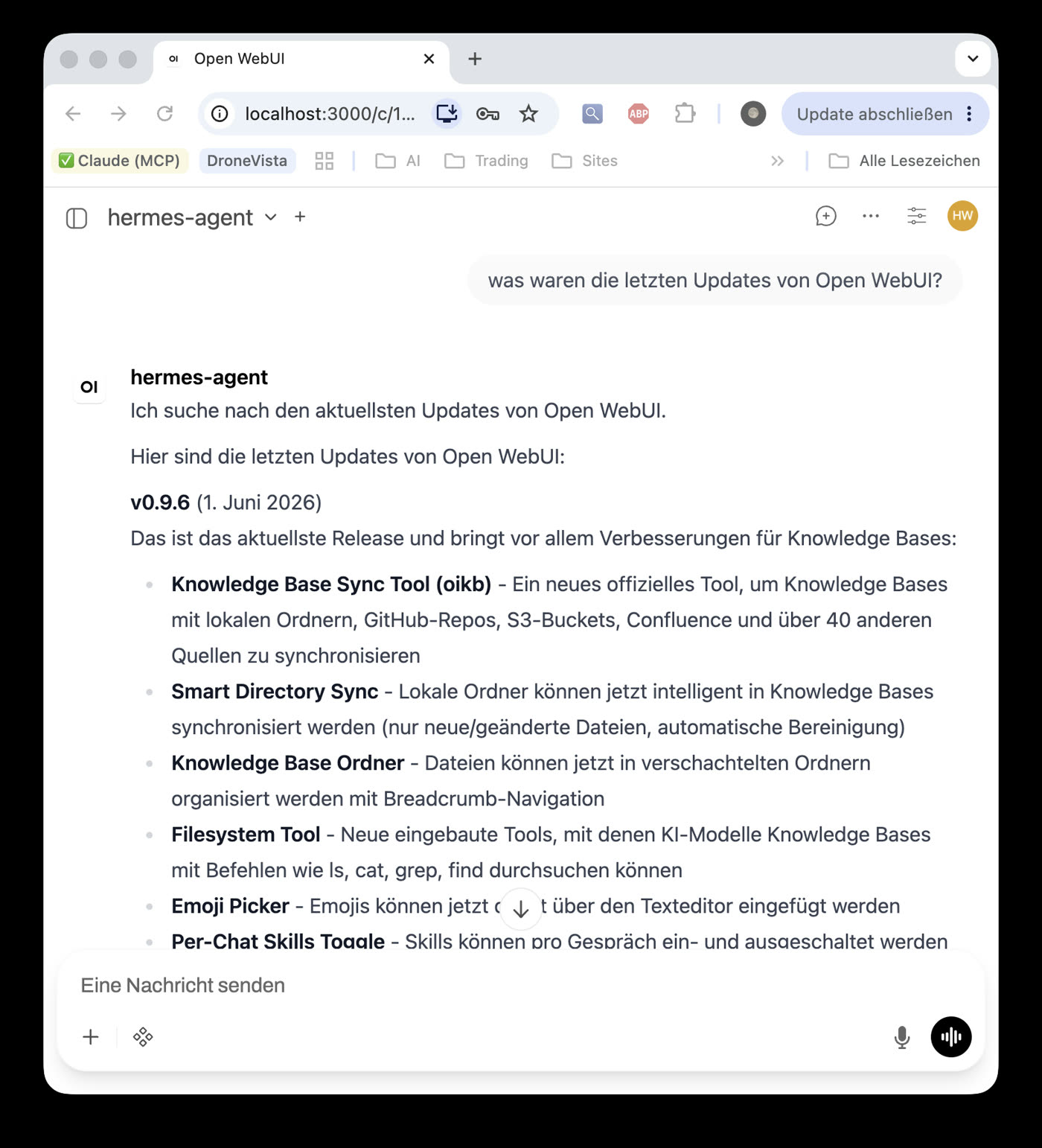 hermes-agent beantwortet im Chat die Frage nach den letzten Open-WebUI-Updates und nennt korrekt v0.9.6 vom 1. Juni 2026 samt dem oikb-Sync-Tool