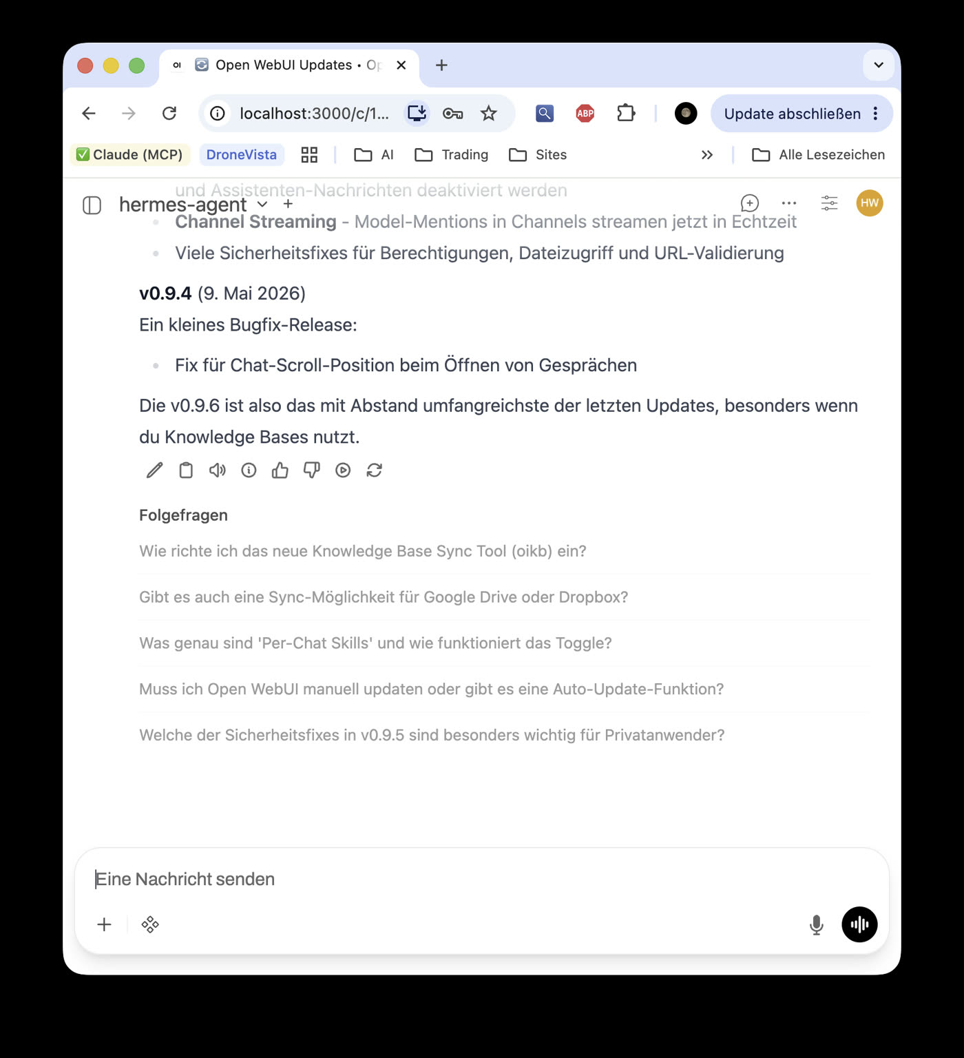 Fortsetzung der Antwort mit den älteren Versionen v0.9.4 und v0.9.5 und von Open WebUI vorgeschlagenen Folgefragen