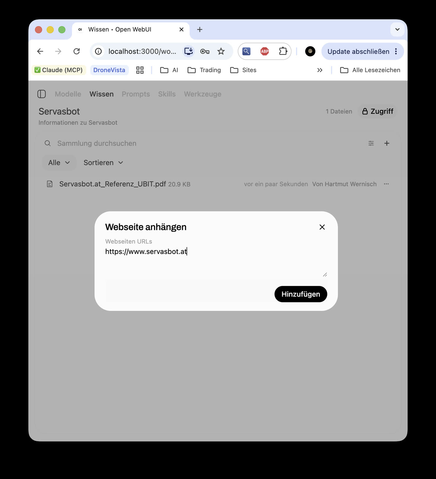 Dialog Webseite anhängen mit der eingetragenen URL servasbot.at und dem Button Hinzufügen
