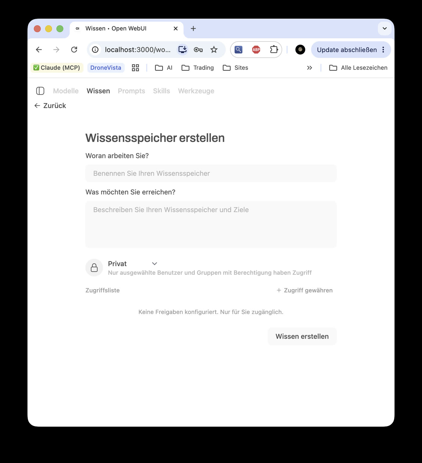 Formular Wissensspeicher erstellen mit Name, Beschreibung und der Sichtbarkeit Privat