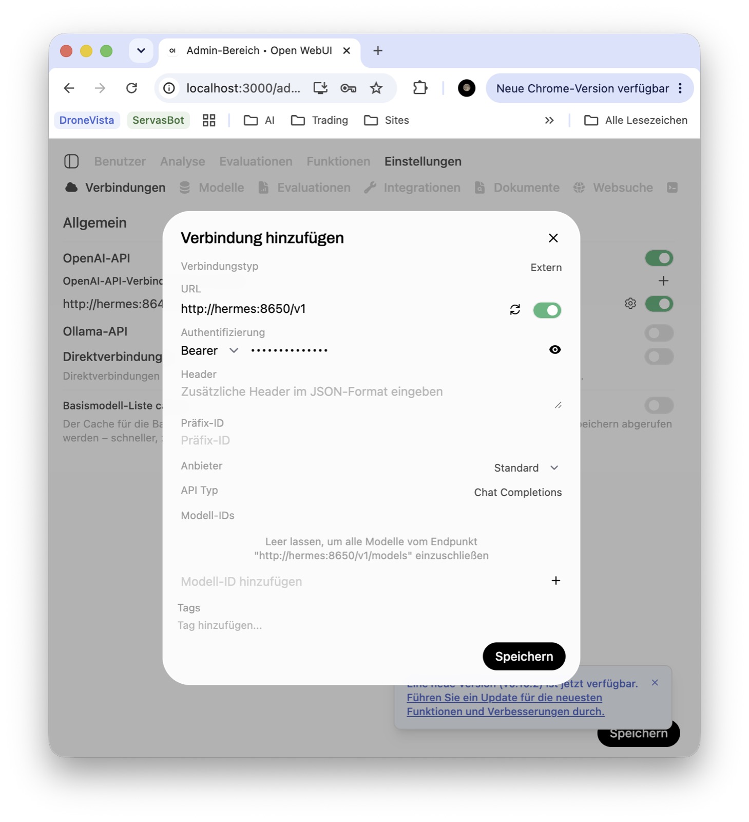 Open WebUI, Dialog „Verbindung hinzufügen": als URL steht , die Authentifizierung ist Bearer mit Martinas Schlüssel, die Modell-IDs bleiben leer, damit alle Modelle des Endpunkts übernommen werden.