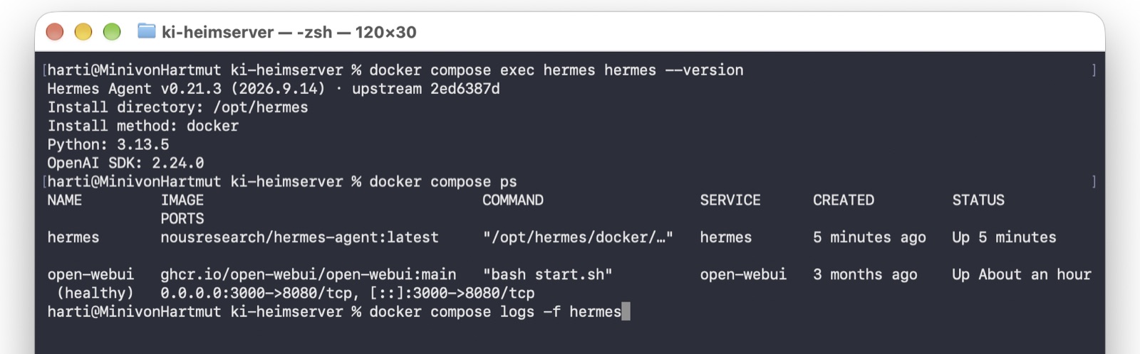 Terminal: zeigt nach dem Update die Version v0.21.3, den frisch erstellten Hermes-Container.